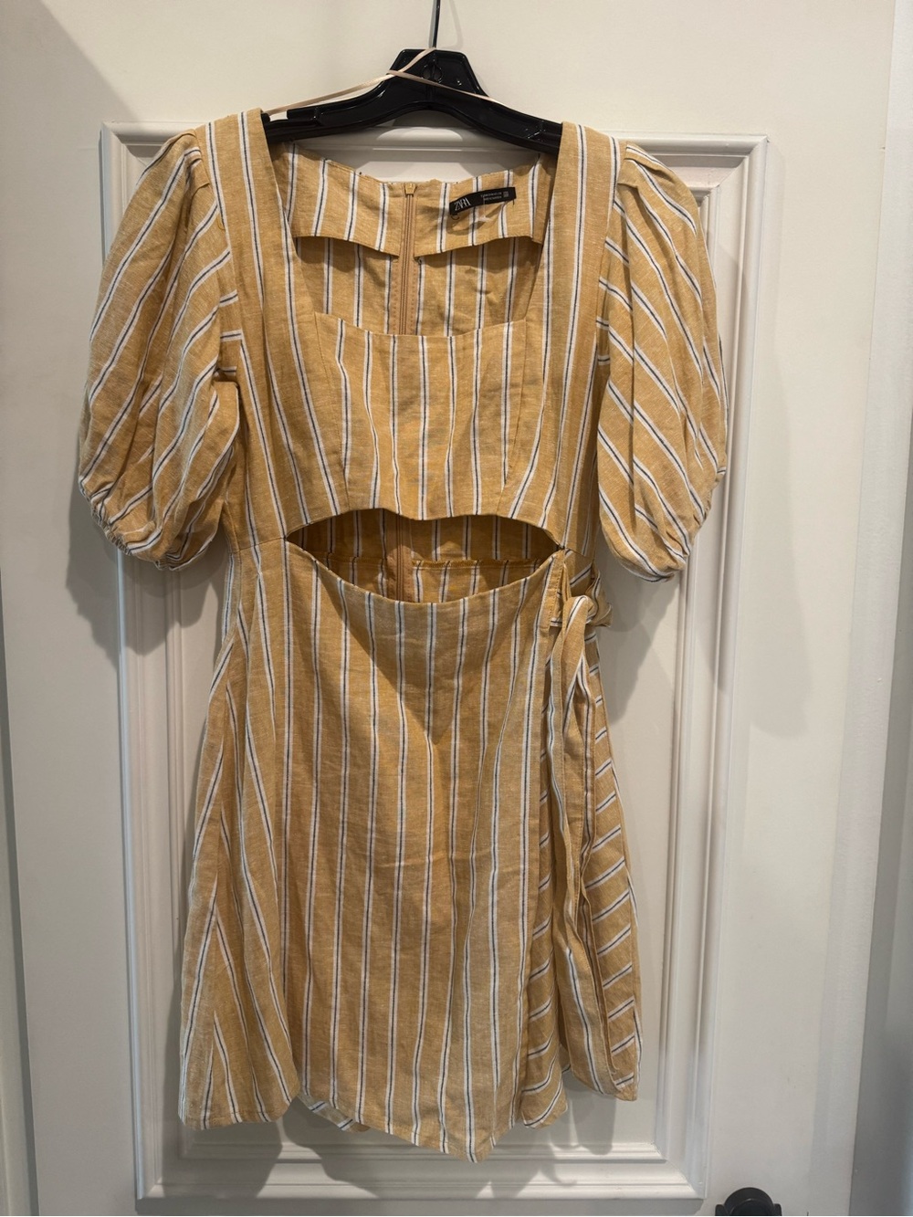 Zara Linen Yellow Striped Cutout Mini Dress with Puff Sleeves